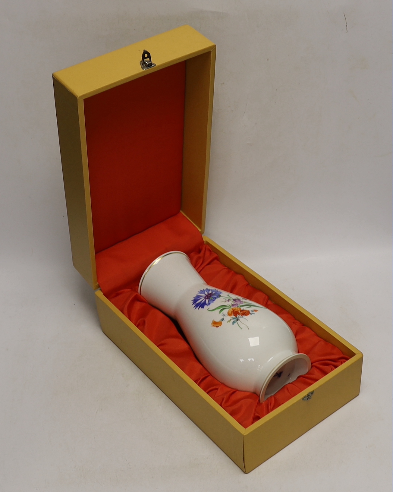 A cased Meissen floral vase, c1970, 24cm high